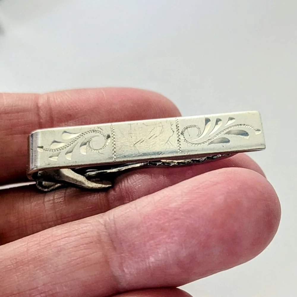 Elegant VINTAGE P&K STERLING SILVER Etched CUFFLINKS & TIE CLIP SET 17.89 Gr.